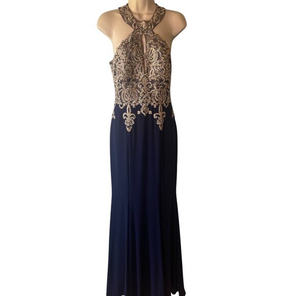 Xscape Crystal Embroidered Halter Velvet Gown in Blue/Gold Size 6 Prom Formal - Picture 1 of 15